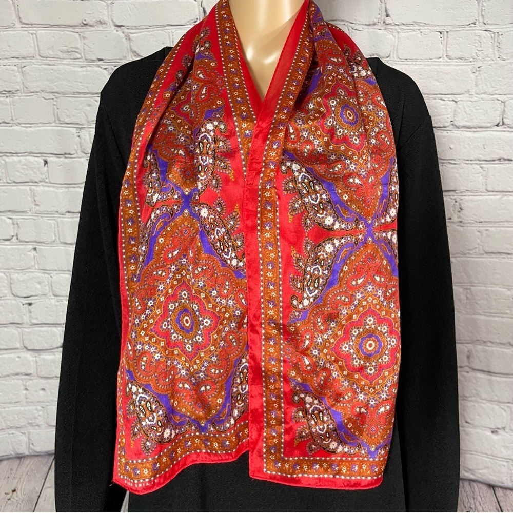 Elaine Gold Red Rectangle Silk Scarf 10'' x 52''